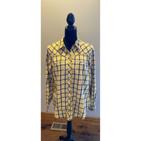 Old Navy Button Down Blouse Plus Size XL Yellow Green Plaid Pearl Snaps Western - Picture 1 of 11